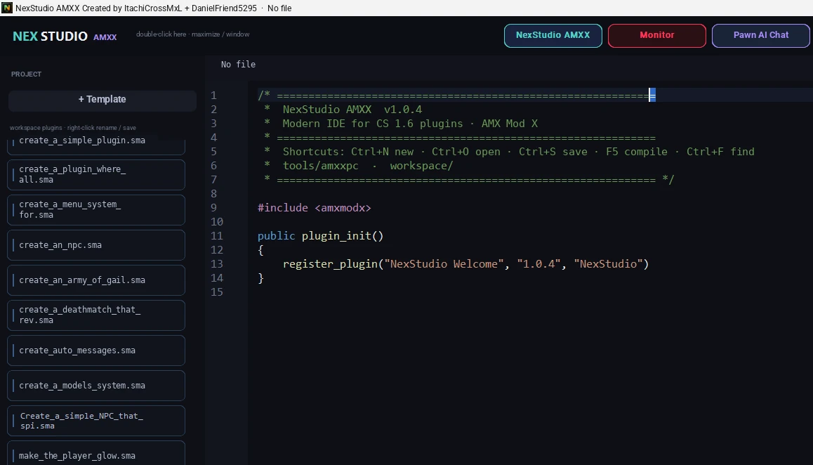The NexStudio AMXX v1.0.4 IDE: Pawn editor, projects and compile