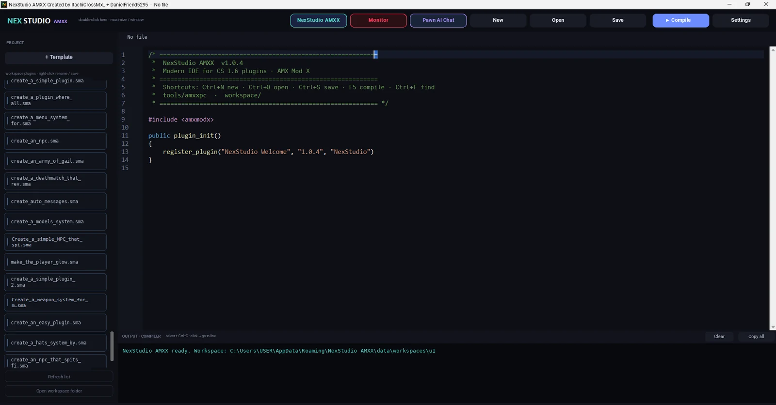 The NexStudio AMXX v1.0.4 IDE: Pawn editor, projects and compile